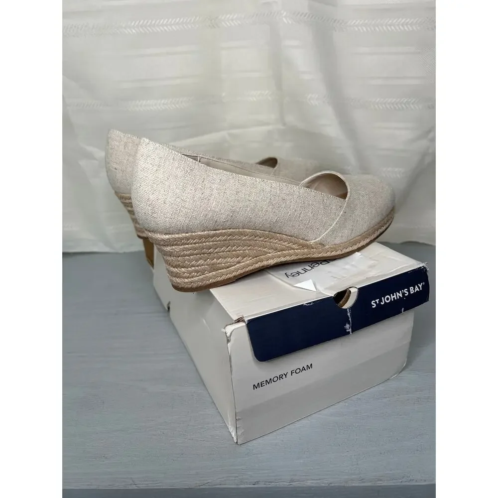 St. John's Bay Botanic Espadrille Wedge Sandals Sand Womens Size 9.5 Wide